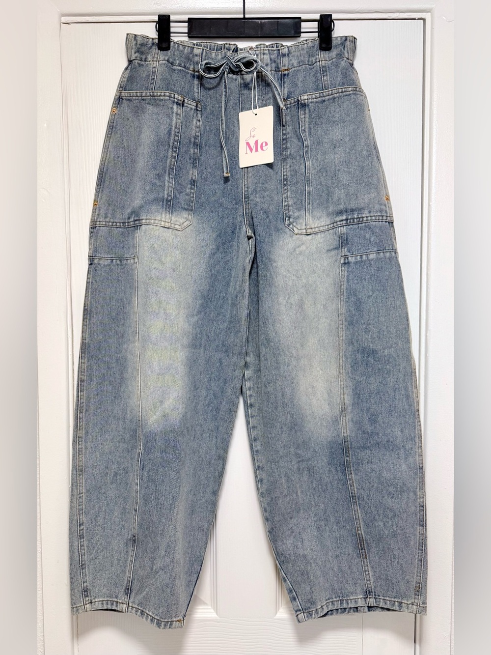 So Me Washed Light Blue Boyfriend Drawstring Jeans